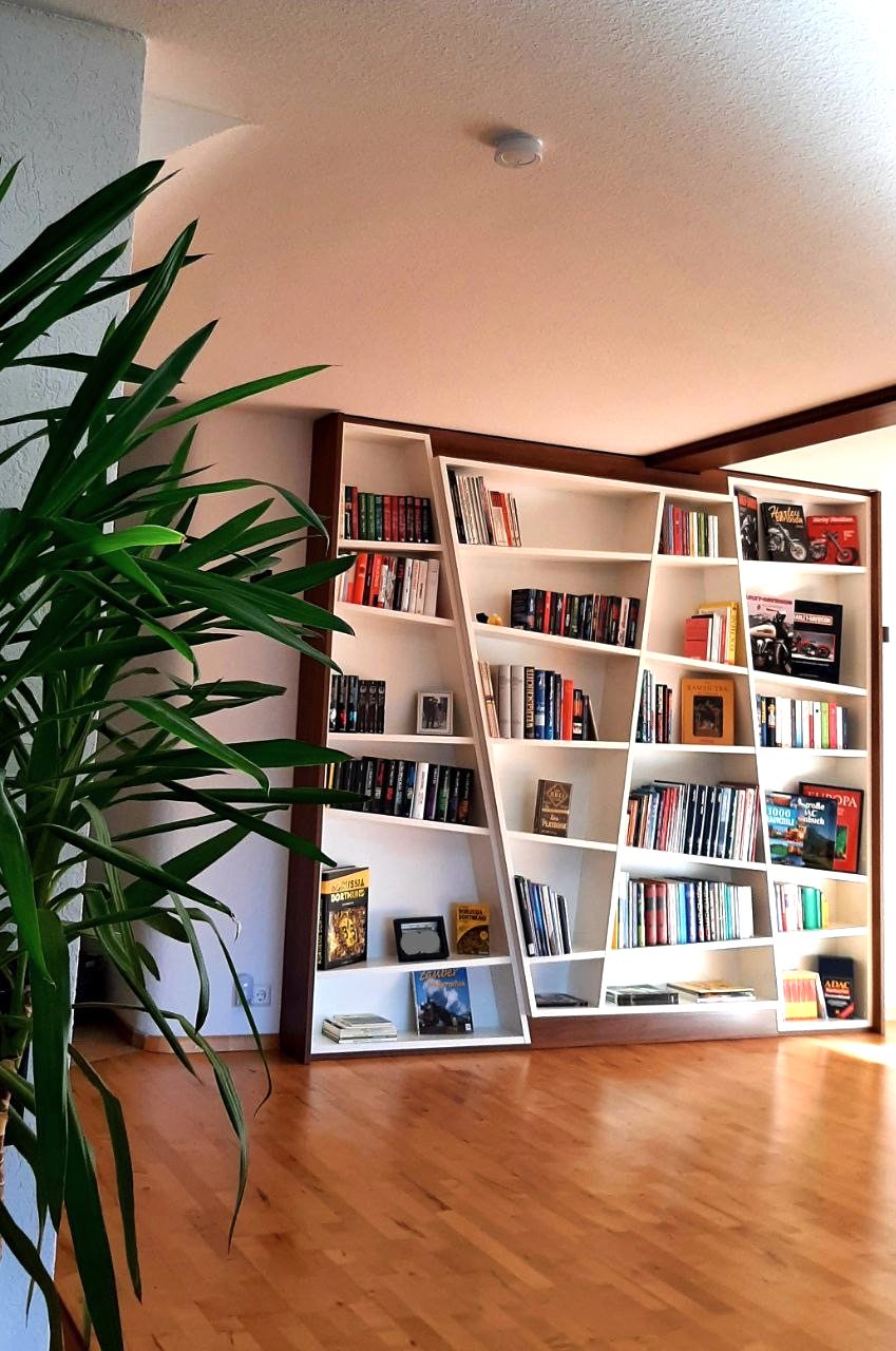 Gefülltes Bücherregal im Wohnraum